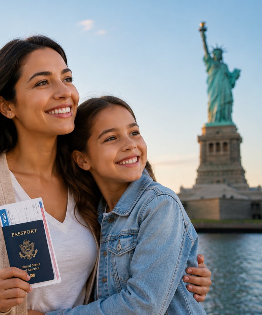 Mother and daughter smiling near New York Harbor, holding a U.S. passport with the Statue of Liberty in the background